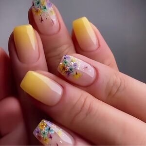 🌼💛 Yellow Ombre Floral Press On Nails – 24 Pack Spring Glitter Set 💛🌼